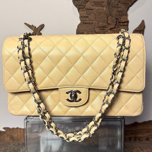 Chanel Beige Caviar Leather Classic Flap Med SHW Series 14 Full Set Authentic - Picture 1 of 15